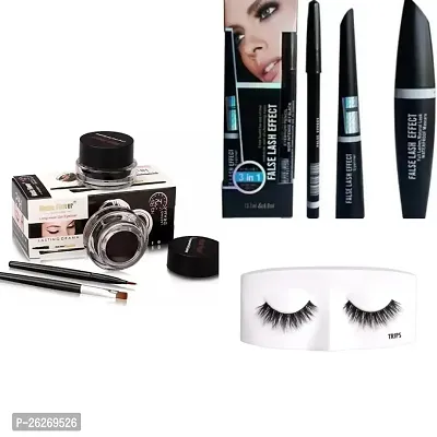 Combo of 3 in1 eyeliner mascara kajal +gel eyeliner brown and black colour+eyelashes-thumb0