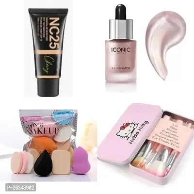 Combo of BB cream/foundation+liquid highlighter+hello kitty brush set+makeup sponge packet