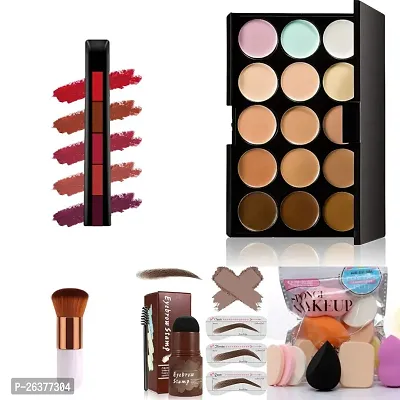 Combo of 5 in 1 lipstick+concealer palette+foundation brush+sponge packet+eyebrow stamp