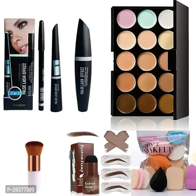 Combo of 3 in1 mascara eyeliner kajal+concealer palette+foundation brush+sponge packet+ eyebrow stamp