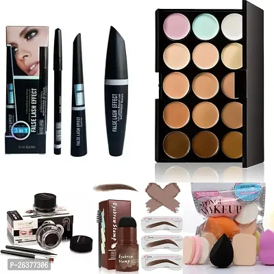 Combo of 3 in 1 mascara eyeliner kajal+concealer palette+black  brown gel eyeliner+sponge packet+eyebrow stamp