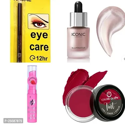 Combo of Cheek eyelid lip tint+liquid highlighter+Colour changing pink lip gloss+ADS Kajal