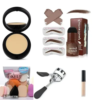 Combo of compact powder+liquid full coverage concealer+eyebrow stamp+makeup sponges packet+eyelash curler