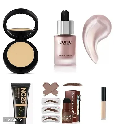 Combo of compact powder+liquid full coverage concealer+eyebrow stamp+liquid highlighter+BB cream/foundation