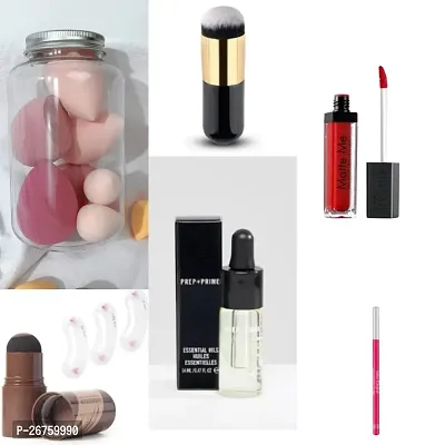 Combo of makeup blender jar +pink lipliner+matte red lipstick+foundation brush+eyebrow stamp+face serum-thumb0