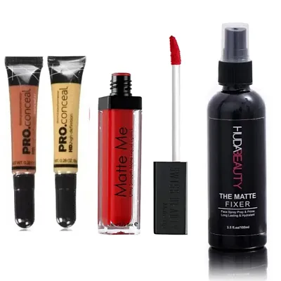 Combo of 2 coloured concealers+Matte me red lipstick+Makeup fixer spray