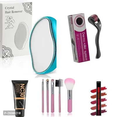 Combo of derma roller+Crystal hair removal eraser+ BB cream/foundation+5 pcs brush set+5 in 1 crayon lipstick-thumb0