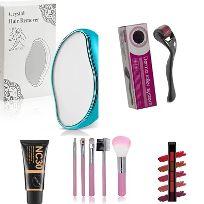 Combo of derma roller+Crystal hair removal eraser+ BB cream/foundation+5 pcs brush set+5 in 1 crayon lipstick