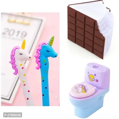 Combo of  two unicorn pens+chocolate diary notepad+toilet sharpener with eraser inside