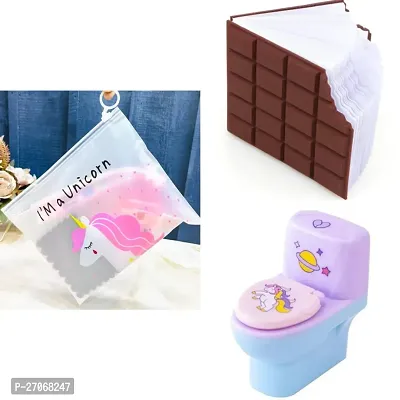 Combo of  transparent unicorn pouch +chocolate diary notepad+toilet sharpener with eraser inside