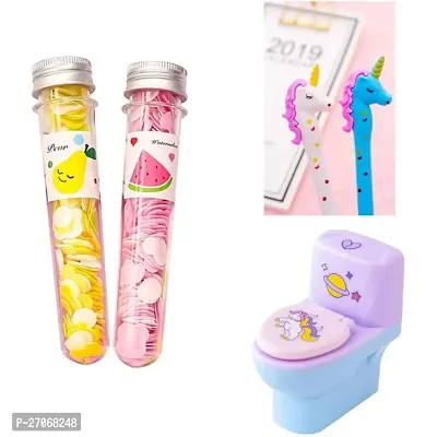 Combo of  two unicorn pens+2 paper soap bottles+toilet sharpener with eraser inside