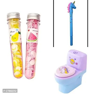 Combo of  2 paper soap bottles+unicorn pen+toilet sharpener with eraser inside