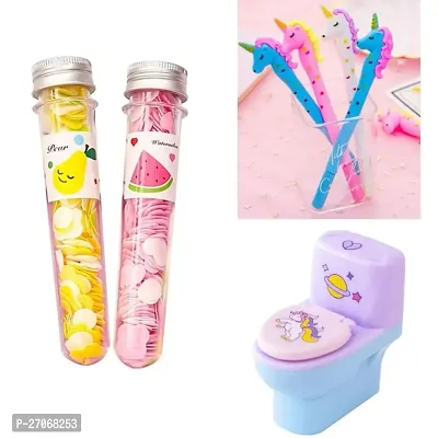 Combo of  2 paper soap bottles+3 unicorn pen+toilet sharpener with eraser inside-thumb0