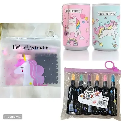 Combo of  unicorn pouch+2 wet wipes can+6 highlighter set in a pack-thumb0