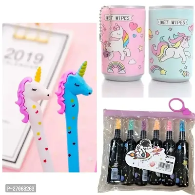 Combo of  2 unicorn pens+2 wet wipes can+6 highlighter set in a pack-thumb0