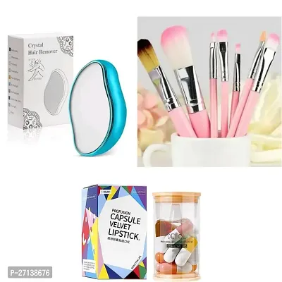 Combo of Capsule velvet lipsticks+7 pcs brush set+crystal hair remover eraser