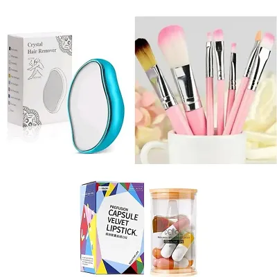 Combo of Capsule velvet lipsticks+7 pcs brush set+crystal hair remover eraser