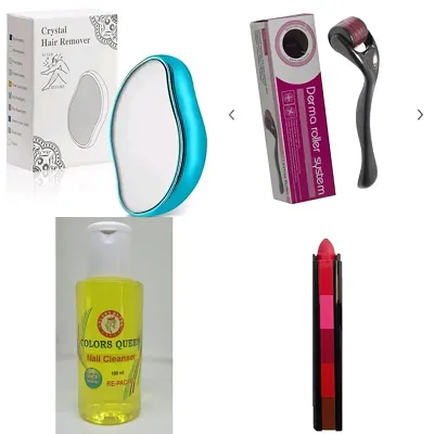 Combo of crystal hair remover eraser+5 in 1 crayon lipstick+Derma face massage/hairline growth roller+Nailpaint remover bottle