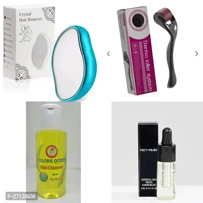 Combo of crystal hair remover eraser+Face serum+Derma face massage/hairline growth roller+Nailpaint remover bottle