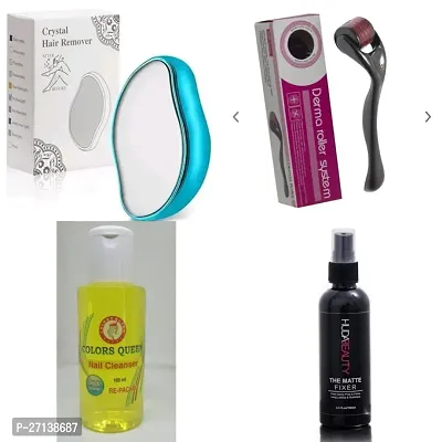 Combo of crystal hair remover eraser+Makeup fixer spray+Derma face massage/hairline growth roller+Nailpaint remover bottle