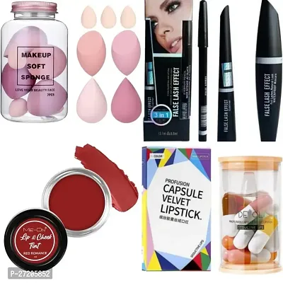 Combo of makeup blenders jar+3 in 1 mascara eyeliner kajal+Lip cheek eyelid tint+Capsule velvet lipsticks