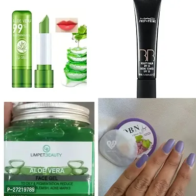 Combo of aloevera colour changing lipstick+ Prep prime BB cream+Aloevera face gel+OBN nailpaint remover pads