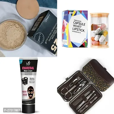 Combo of loose powder+Capsule velvet lipsticks 12+charcoal mask+Menicure kit-thumb0