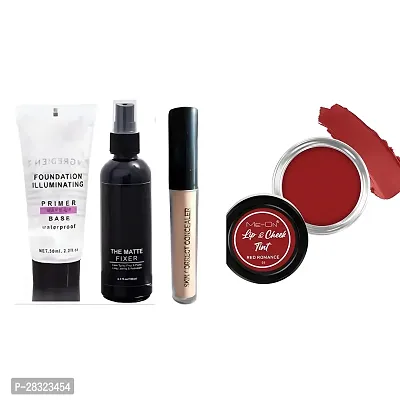 Combo of primer fixer concealer and lip cheek eyelid tint