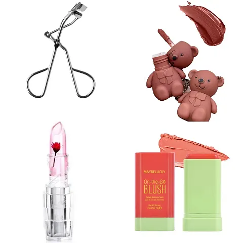 Combo of Eyelash curler+nude bear lipstick+flower jelly lipstick+Blush stick