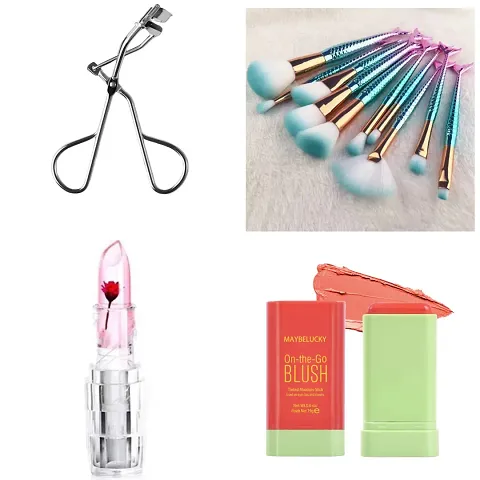 Combo of Eyelash curler+mermaid makeup brushes set+Flower jelly lipstick+Blush stick