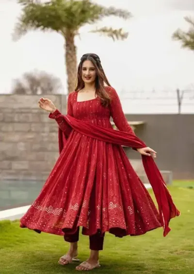 Beautiful Georgette Embroidered Kurta With Dupatta For Women