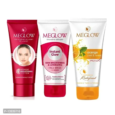 Meglow Skincare Combo Pack of 3- Premium Fairness Cream for Women 50g with Aloevera and Vitamin E | Instant Glow Facewash 70g for Skin Brigtening | Orange Peel and Reveal Face Mask 70g with Natural Ingredients | Paraben Free | For Soft and Smooth Skin-thumb0