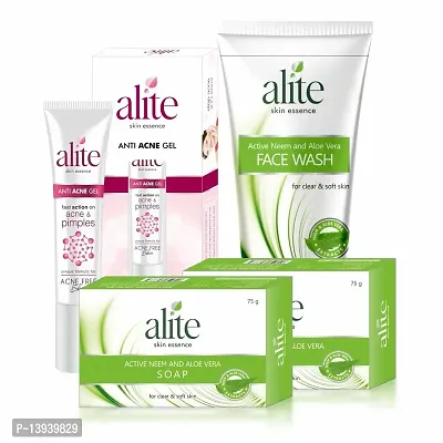 Alite Skin Care Combo Pack of 4 - Alite Anti Acne Gel ((1)15g)| Alite Neem and Aloevera Soap ((2) 75g Each)|Alite Neem and Aloevera Facewash((1)70g) Enriched with Natural Ingredients For Acne Free and Clear Skin