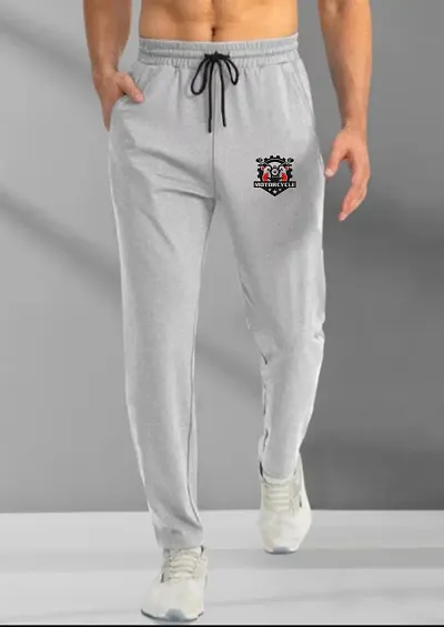 Stylish Grey Cotton Blend Printed Regular Track Pant For Men