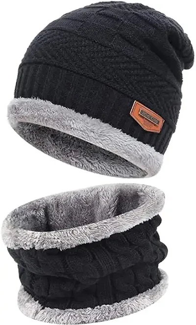 HAPPINY Warm Wool Unisex Beanie Cap with Neck Warmer Set, Knit Hat Thick Fleece Lined Winter Cap for Men & Women (2 Piece Combo)
