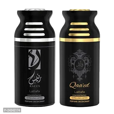 Lattafa Raees + QAEED Perfumed Body Spray, Premium Fragrance by the Brand Lattafa, 250ml Deodorant Pack of 2 Ideal for Both Men and Women.-thumb0