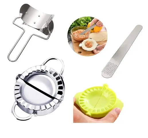Serebrum Stainless Steel Momos maker Mould with Puri Cutter, Butter Knife and Small size Plastic momos maker mould- pack of 4