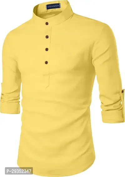 Stylish Yellow Cotton Blend Solid Kurtas For Men