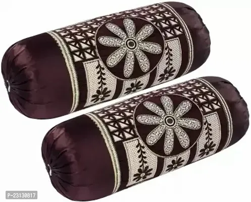 Stylish Brown Polyester Woven Design Bolsters Covers Pack Of 2