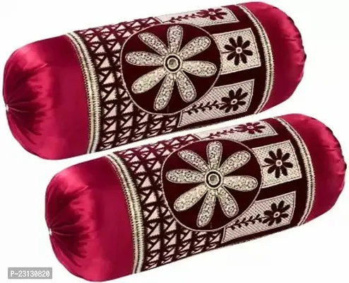 Stylish Maroon Polyester Woven Design Bolsters Covers Pack Of 2