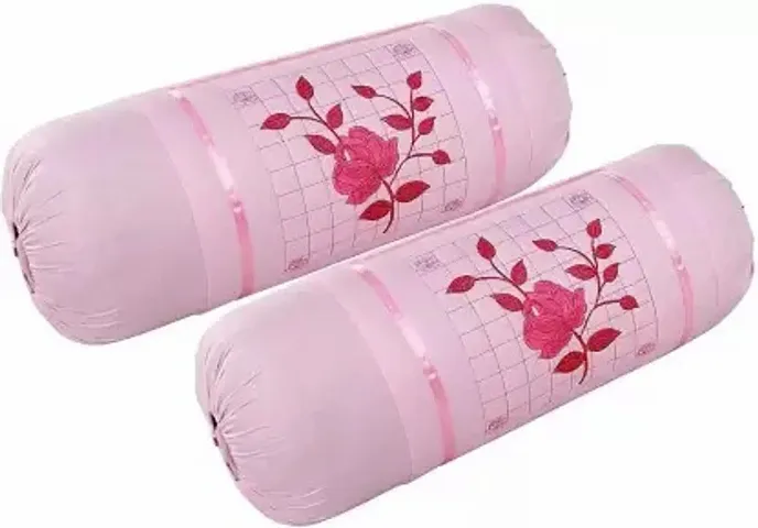 HSR Collection Cotton Bolster Cover 2 Piece Rose Design Embroidery - Pink