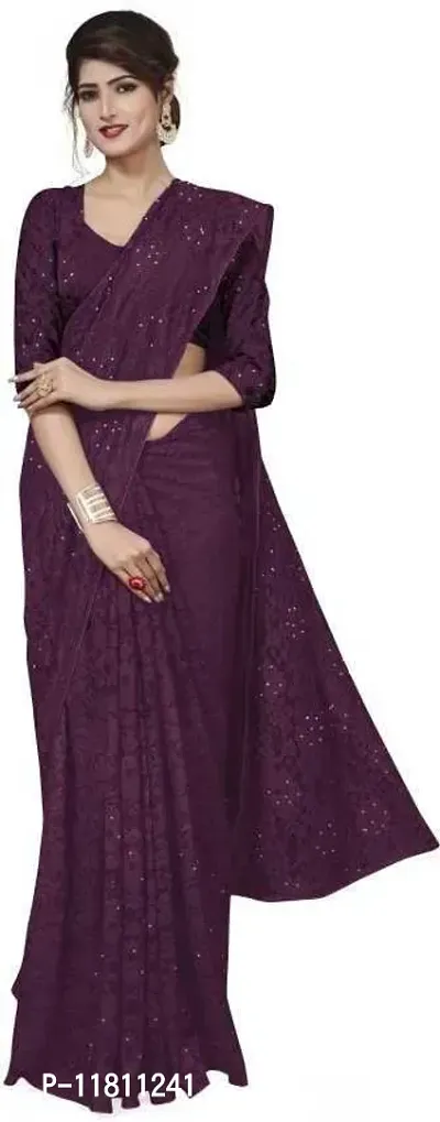 Stylish Net Purple Bollywood Saree with Blouse piece For Women Pack Of 1-thumb0