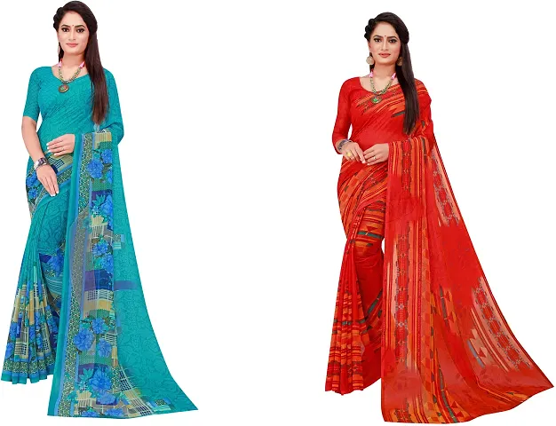 Stylish Fancy Georgette Saree With Blouse Piece Combo For Women Pack Of 2