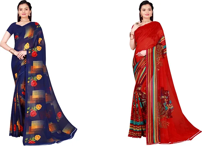 Elegant Floral Print Daily Wear Georgette Women Saree With Blouse Piece -Pack Of 2