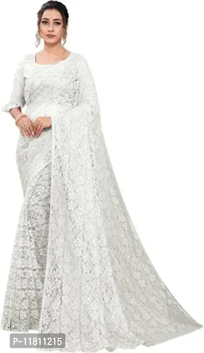 Stylish Net White Bollywood Saree with Blouse piece For Women Pack Of 1-thumb0