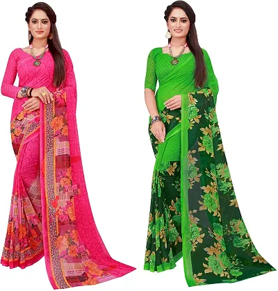 Stylish Fancy Georgette Saree With Blouse Piece Combo For Women Pack Of 2