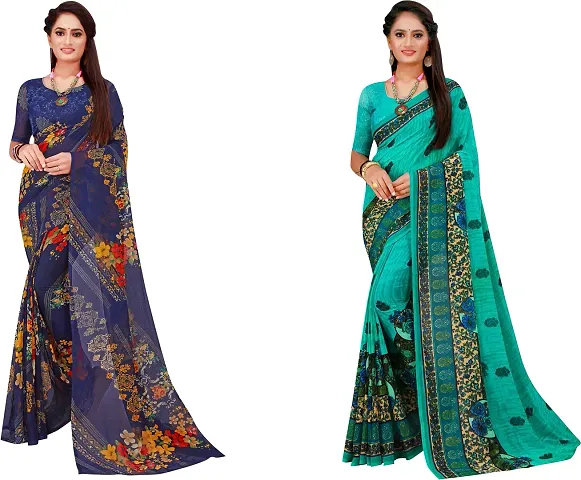 Stylish Fancy Georgette Saree With Blouse Piece Combo For Women Pack Of 2