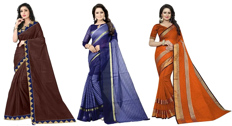 Elegant Daily Wear Silk Women Saree With Blouse Piece -Pack Of 3, Dark Blue, Brown,