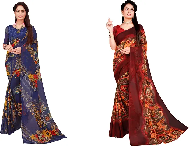 Stylish Fancy Georgette Saree With Blouse Piece Combo For Women Pack Of 2