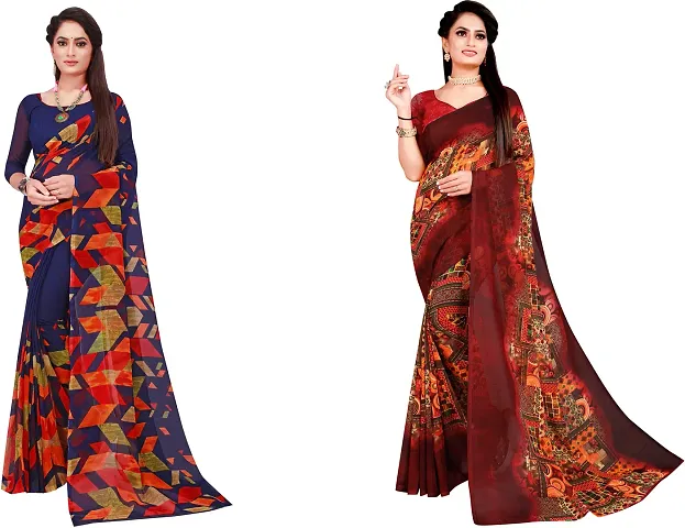 Stylish Fancy Georgette Saree With Blouse Piece Combo For Women Pack Of 2